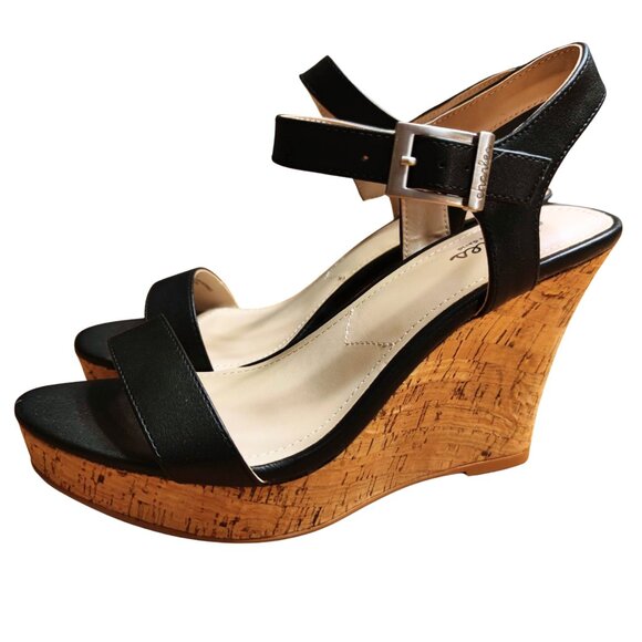 Charles David Women's Lindy Cork Wedge Black Strap Buckle Sandals Size 8.5 M - Picture 1 of 5